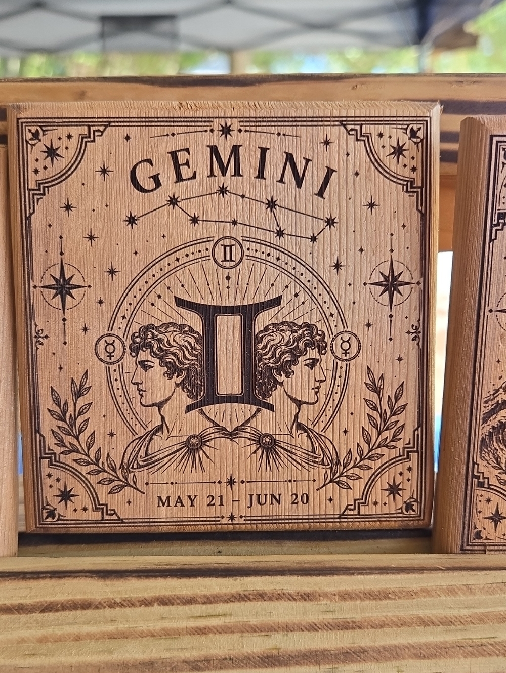 Gemini Wood Plaque Coaster Zodiac Sign - Brown